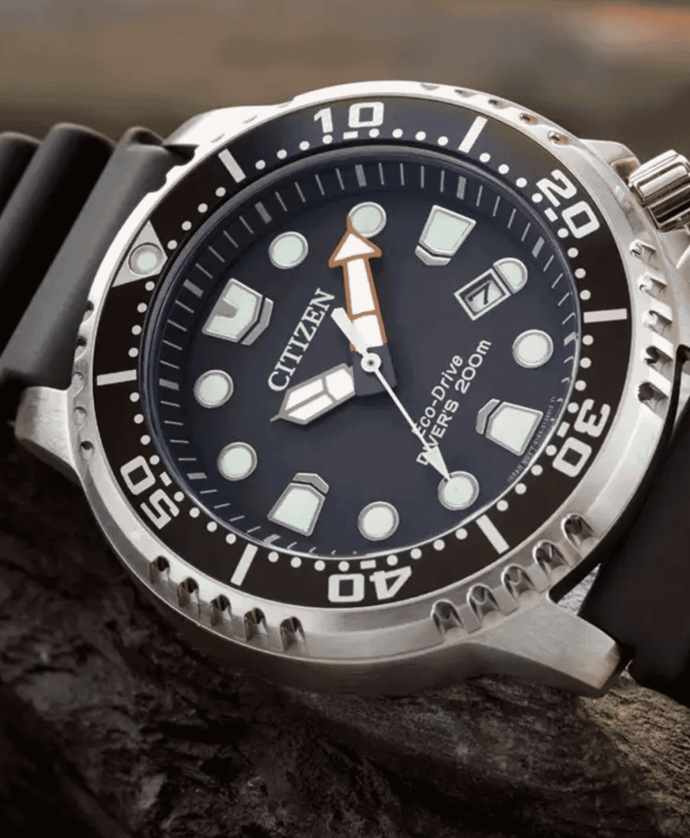 Citizen Eco-Drive diver watch resting on a rough rock surface.