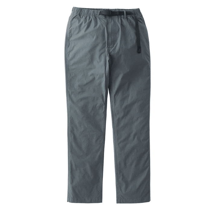 Relaxed-fit gray casual trousers with an integrated black belt and elastic waistband.