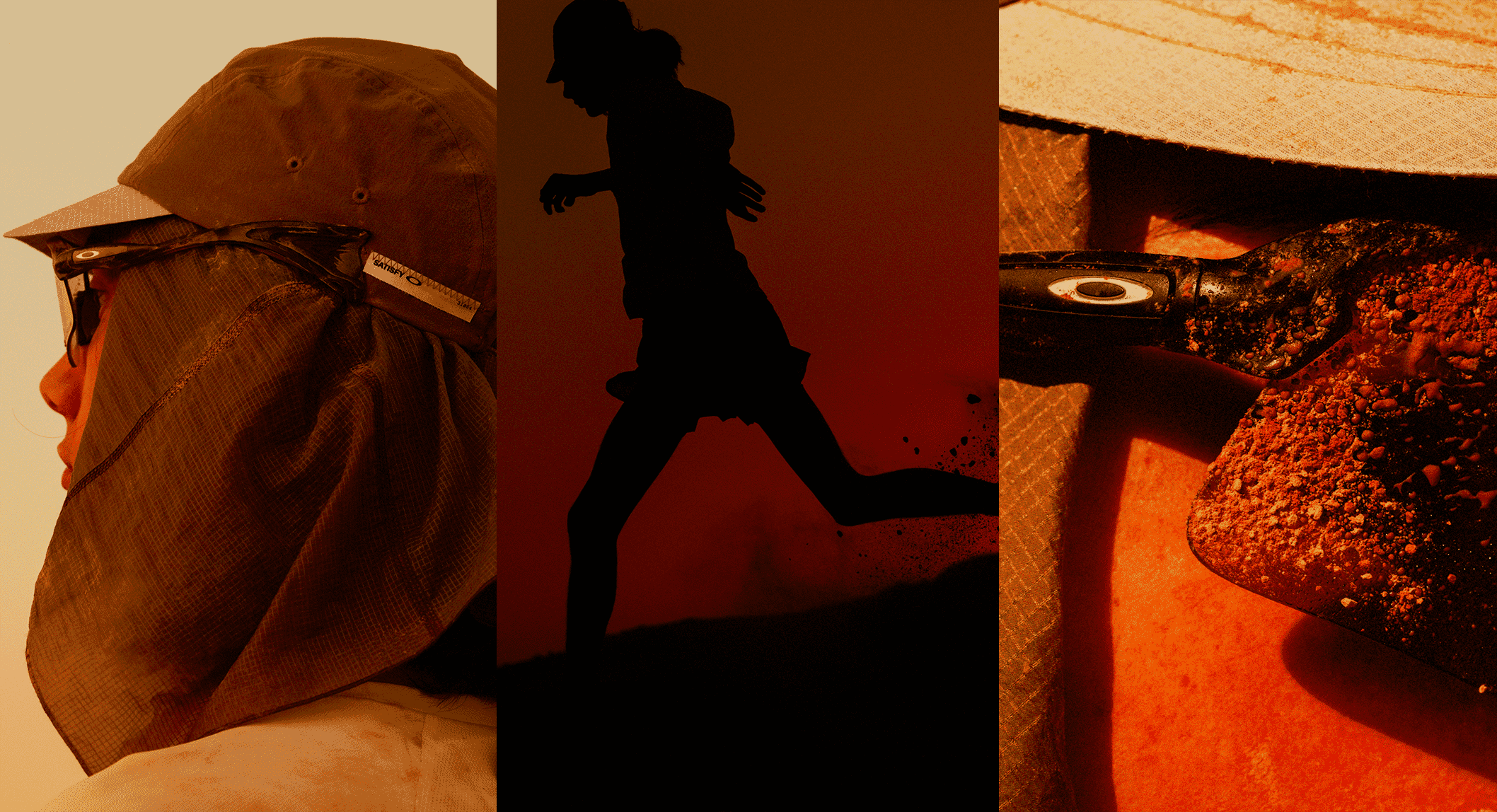 Triptych showing a sun-protective hat, a runner's silhouette, and rugged footwear on dusty ground.