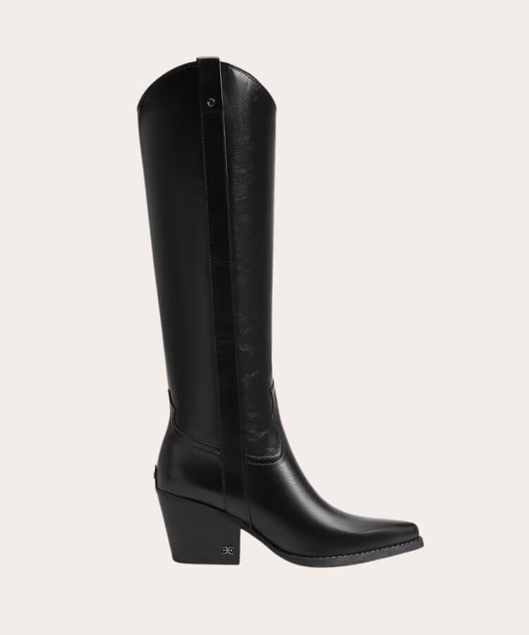 Sam Edelman leather knee-high cowboy boots in a polished black finish.