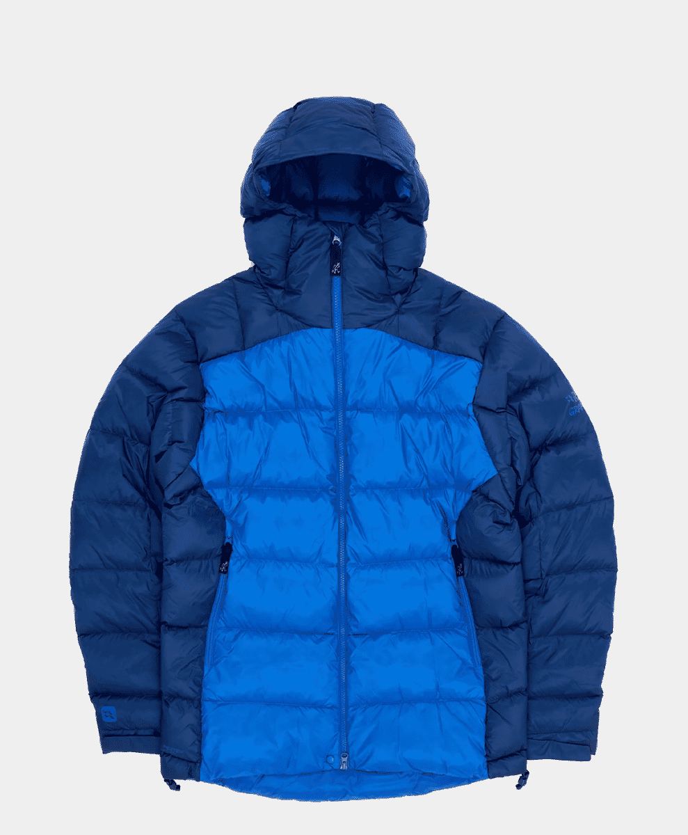 Two-tone blue hooded puffer jacket with navy and royal blue panels.