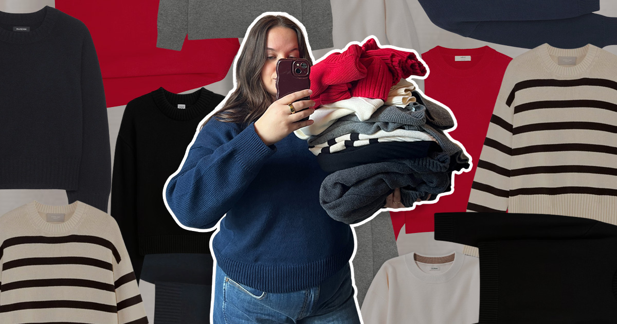 Introductory lifestyle shot of a crewneck sweater with descriptive text about the search for a capsule staple.