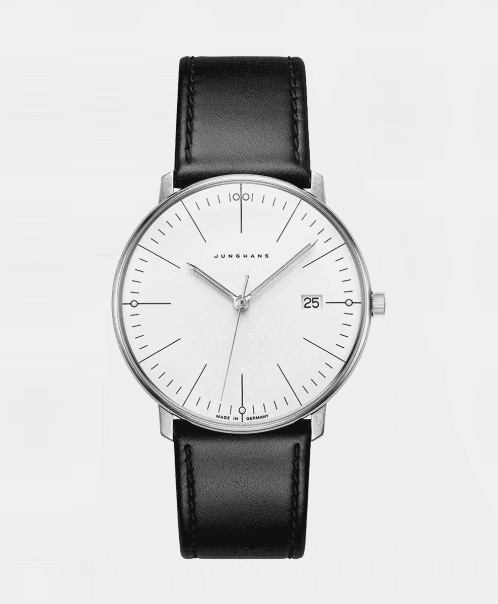 Minimalist Junghans watch with a white dial and black leather strap on a white background.