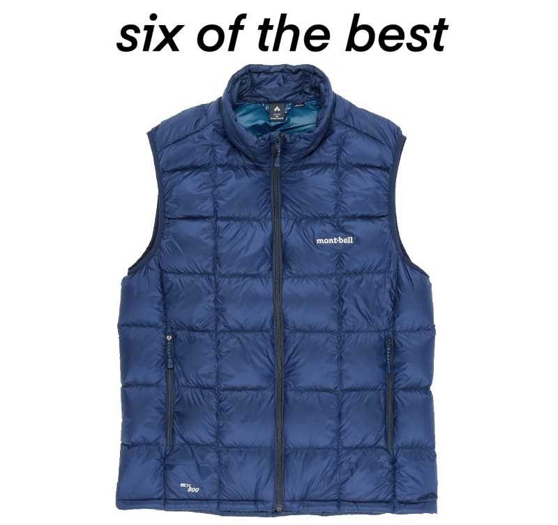 Navy blue Montbell quilted puffer vest with logo on chest.