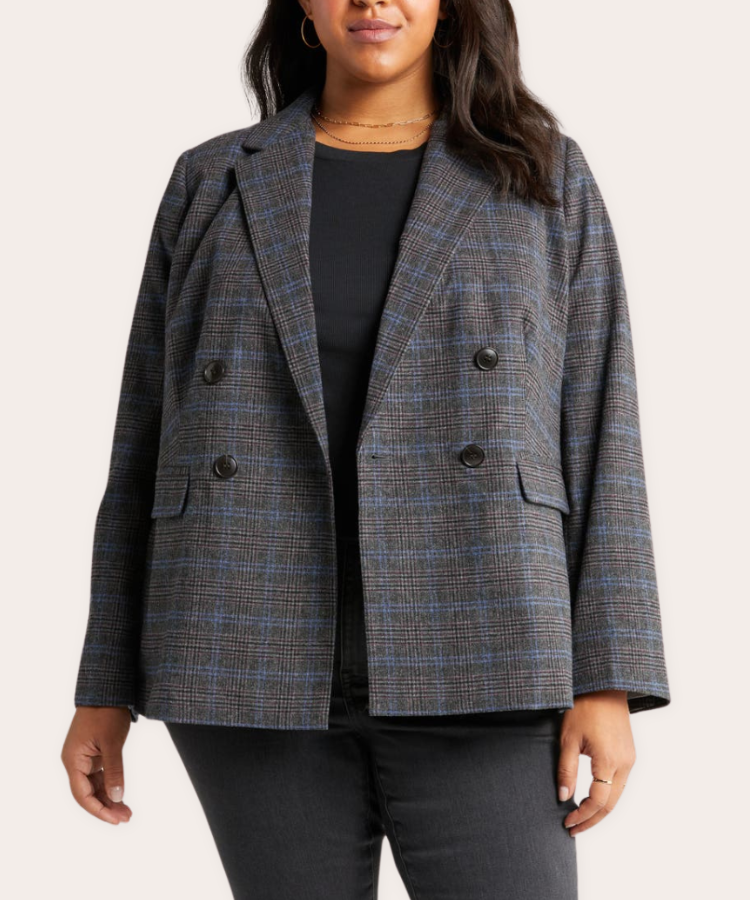 Madewell double-breasted plaid blazer in a neutral pattern.