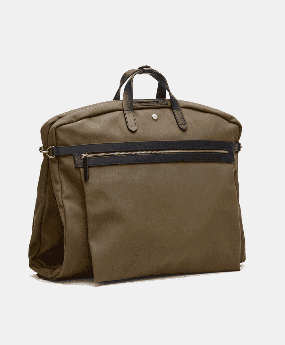 Detail of MISMO suit carrier leather handle and canvas