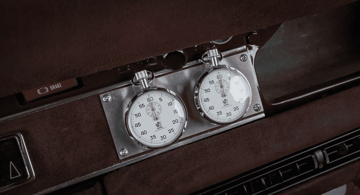 Close-up of vintage-style stopwatch gauges mounted in a brown leather car dashboard.