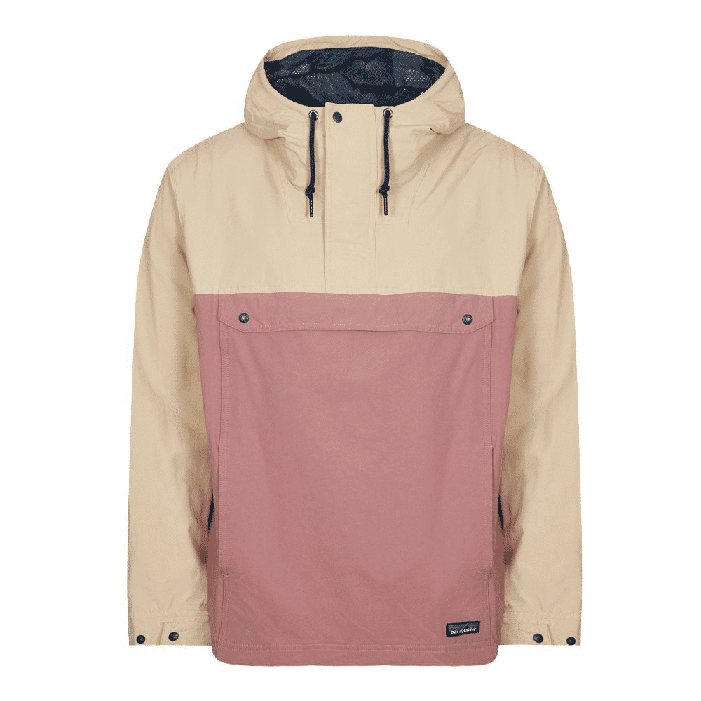 Two-tone Patagonia hooded jacket in beige and dusty rose.
