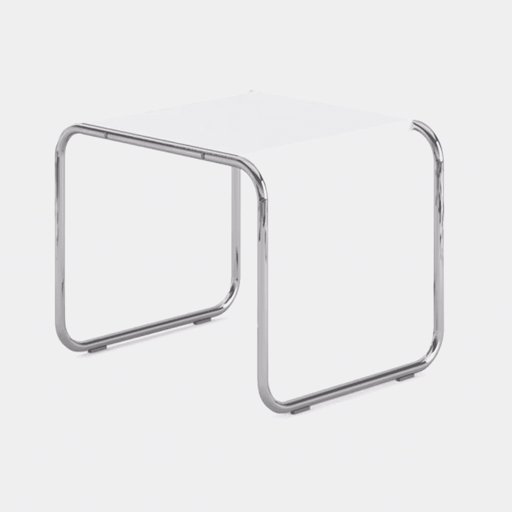 A minimalist modern side table with a transparent top and polished chrome tubular frame.