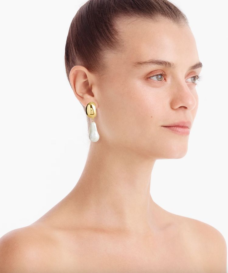 Pair of J. Crew freshwater pearl and gold earrings.