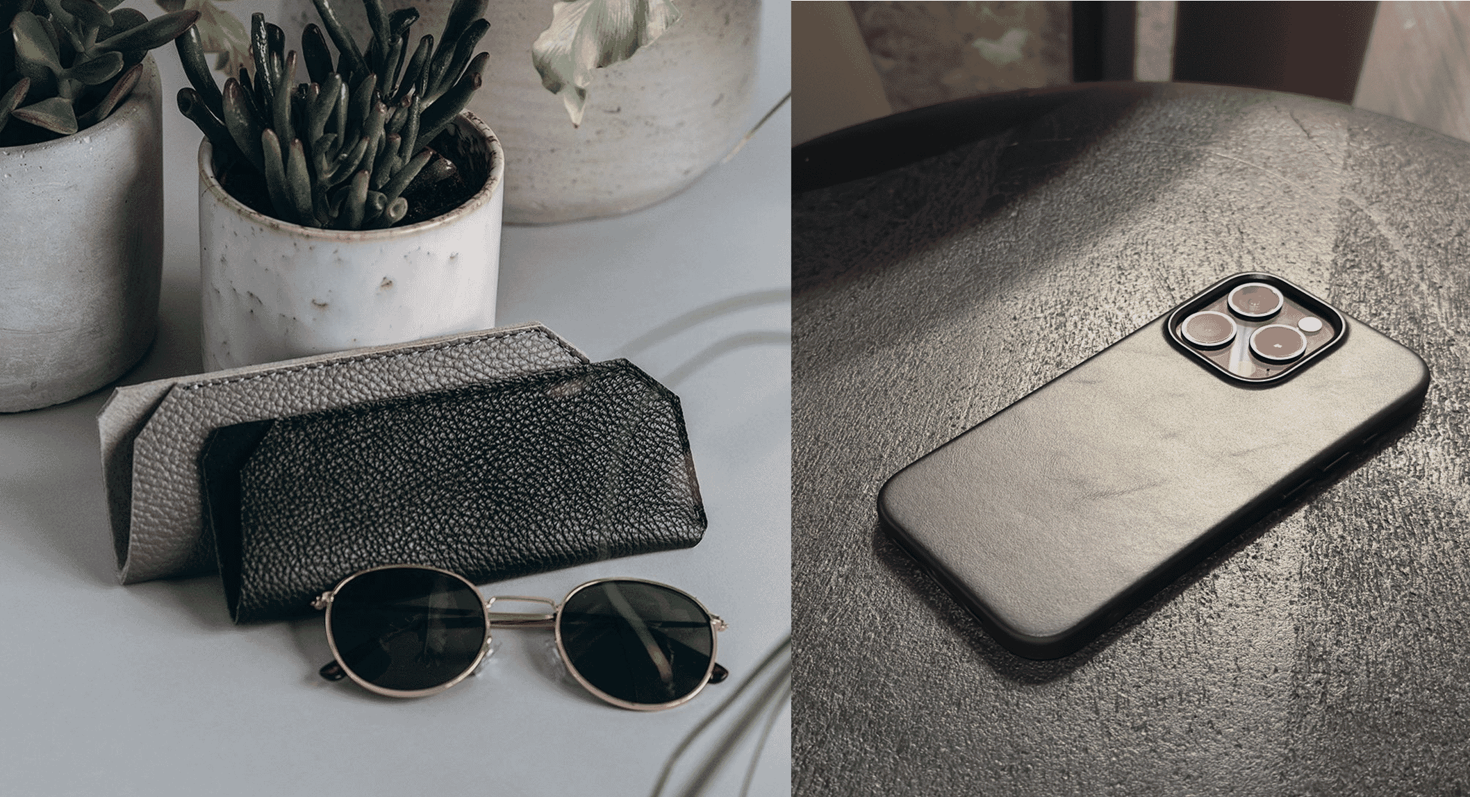 A stylish flat lay featuring gold-framed sunglasses, a black leather case, and succulents.