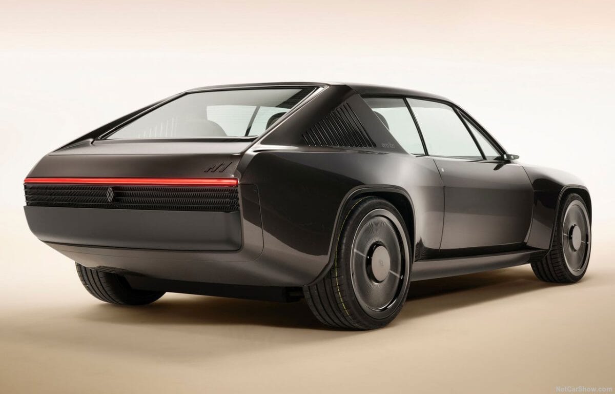 Rear view of the Renault concept car showing the continuous red LED light strip and aerodynamic curves.