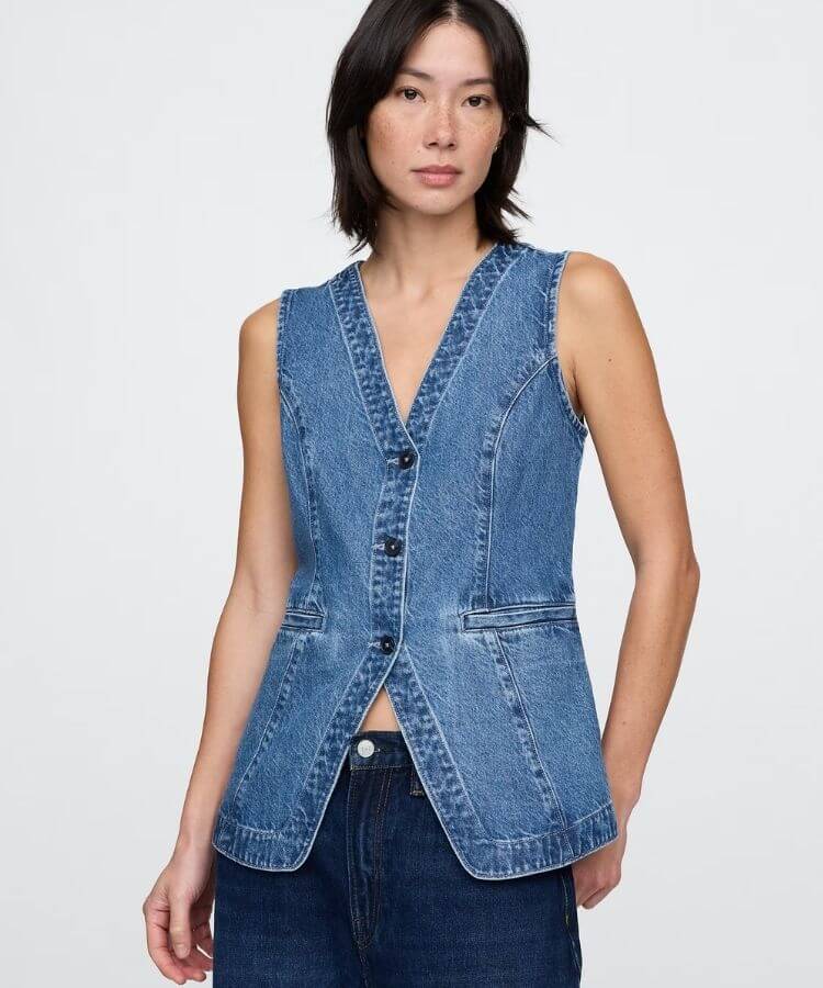 Gap Longline Denim Vest worn as part of a layered outfit.