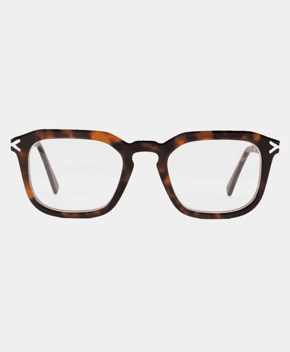 Tortoiseshell acetate eyeglasses with thick rectangular frames.