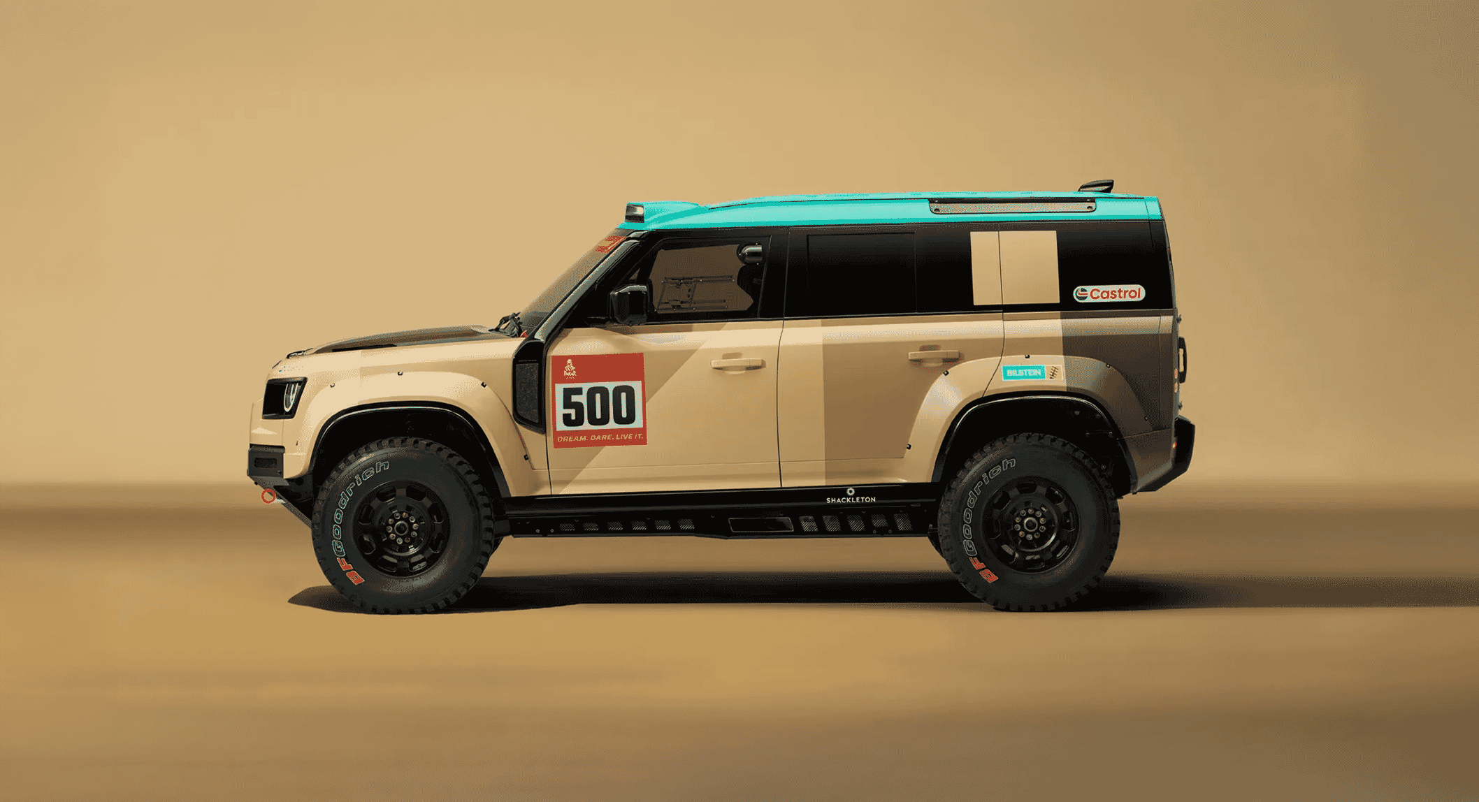 Land Rover Defender D7X-R rally car in desert racing livery with Castrol and Bilstein decals.