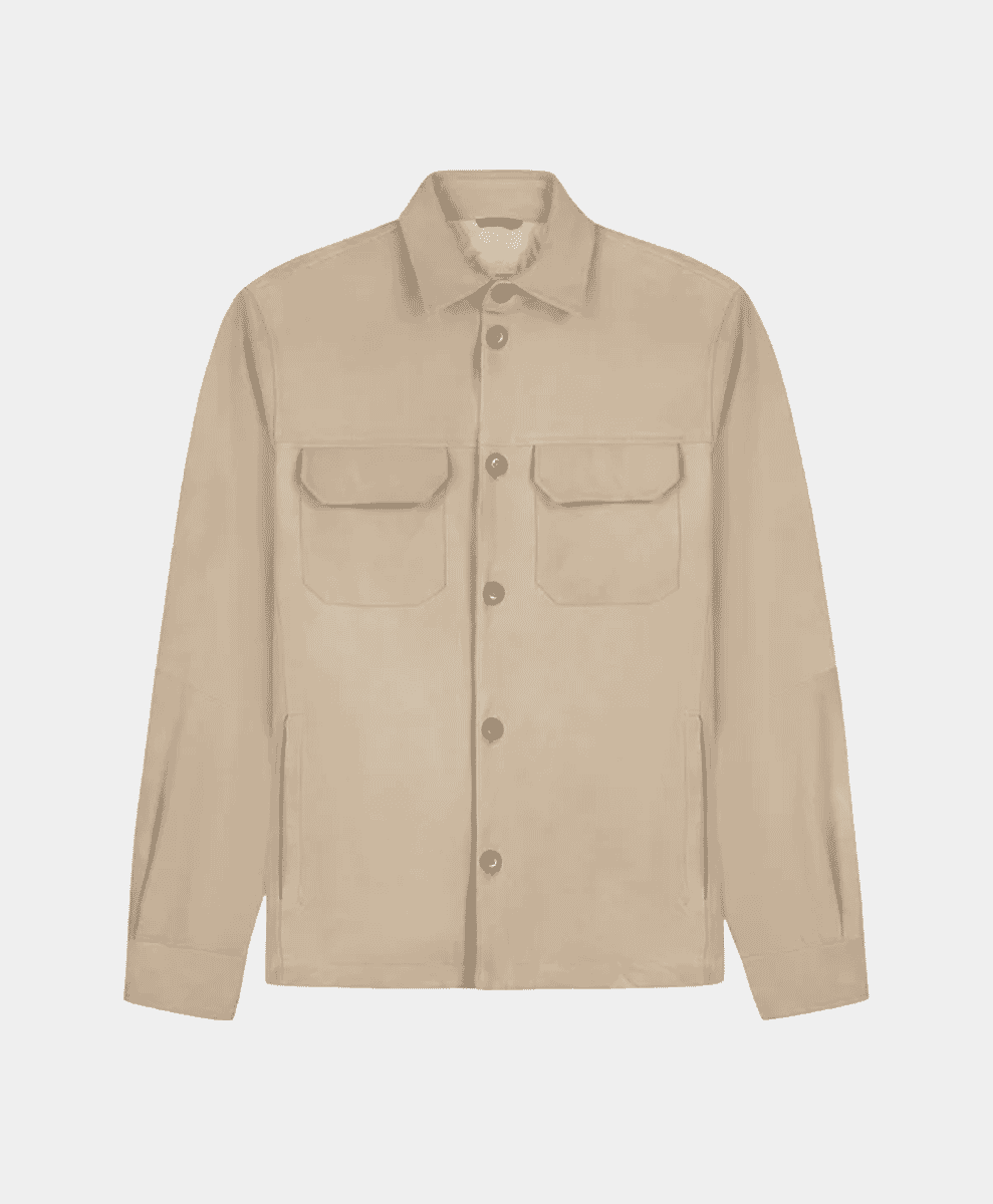 Beige long-sleeve button-up suede jacket with chest pockets.