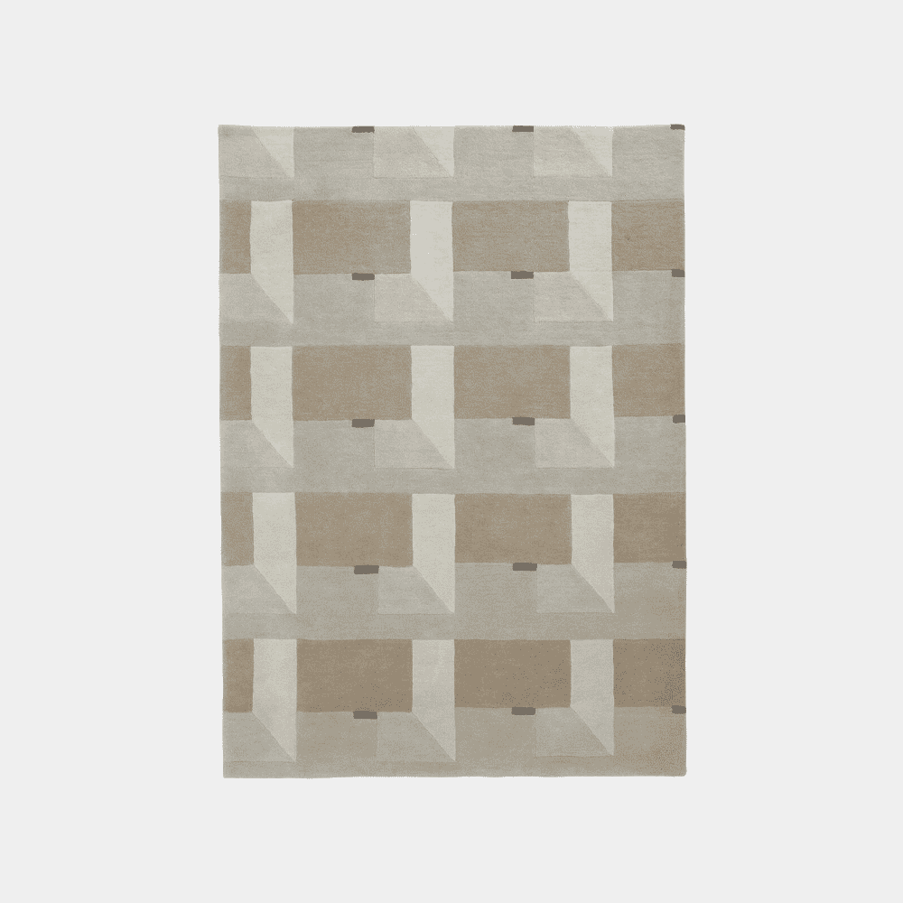 A geometric-patterned rug with a 3D block design in beige, taupe, and cream tones.