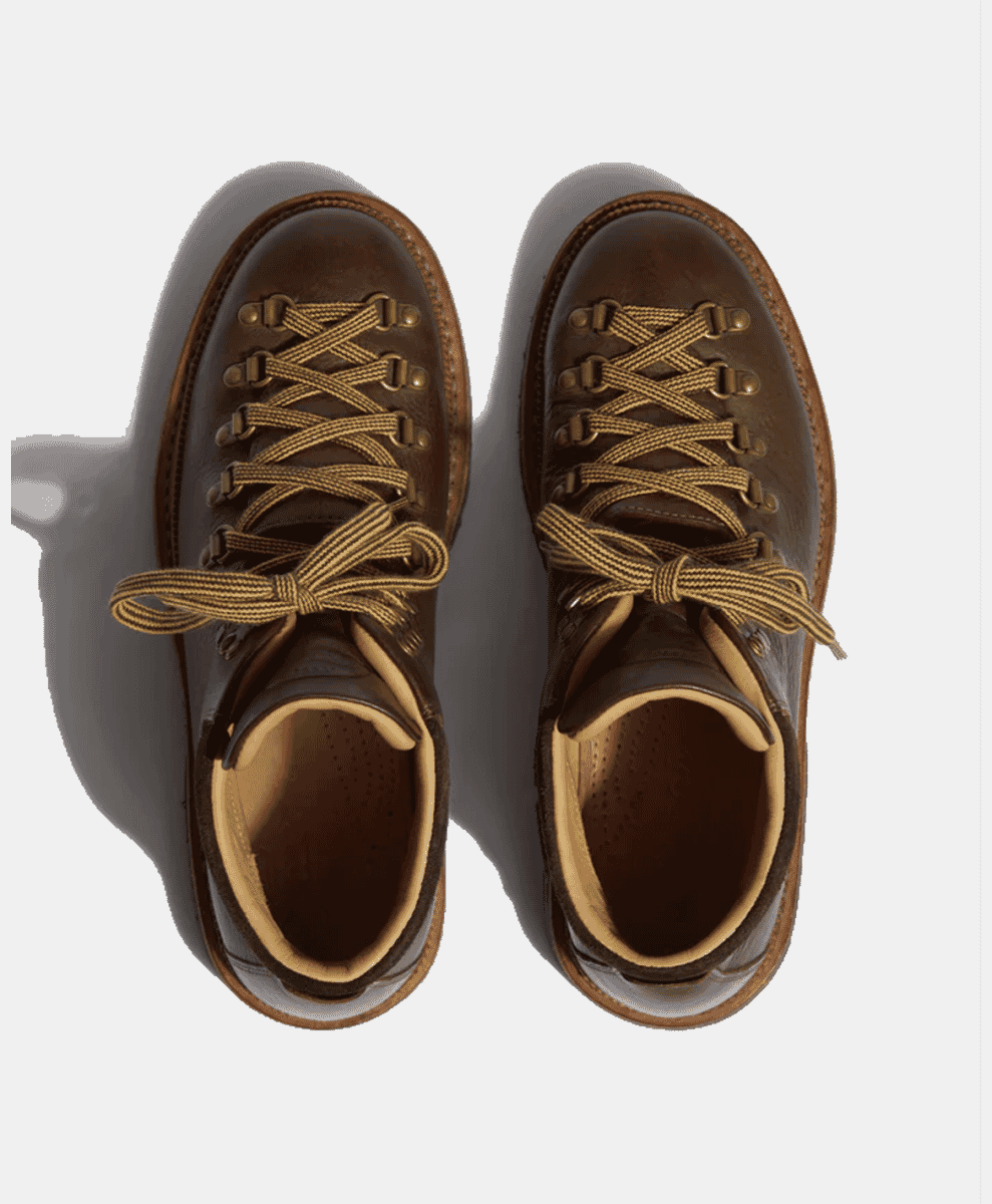 Top-down view of brown leather hiking boots with tan laces.
