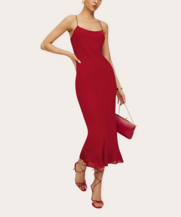 Reformation Suki scoopneck dress in red.
