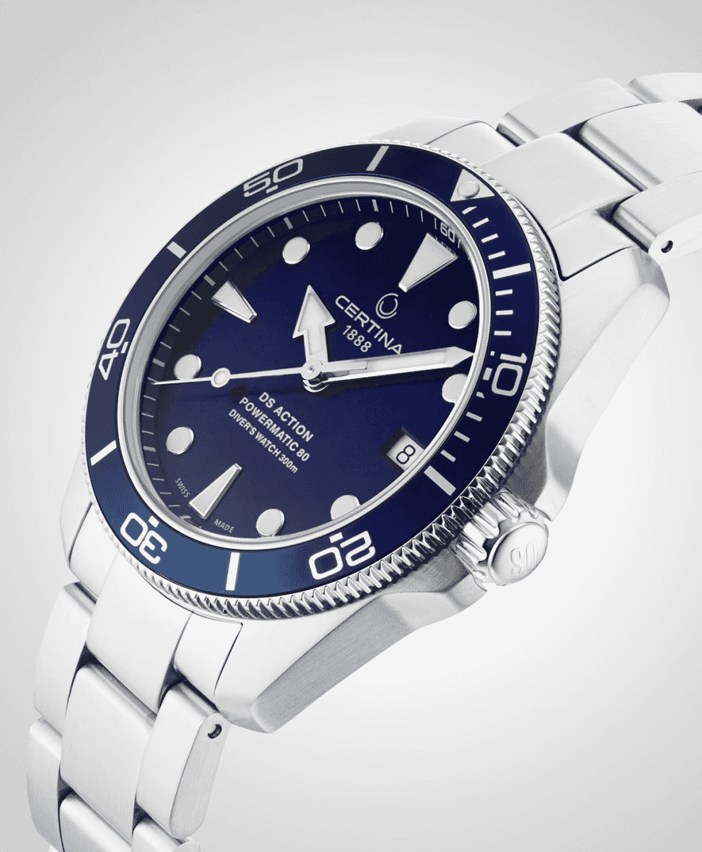 Close-up of a Certina DS Action Diver with a vibrant blue dial and steel bracelet.