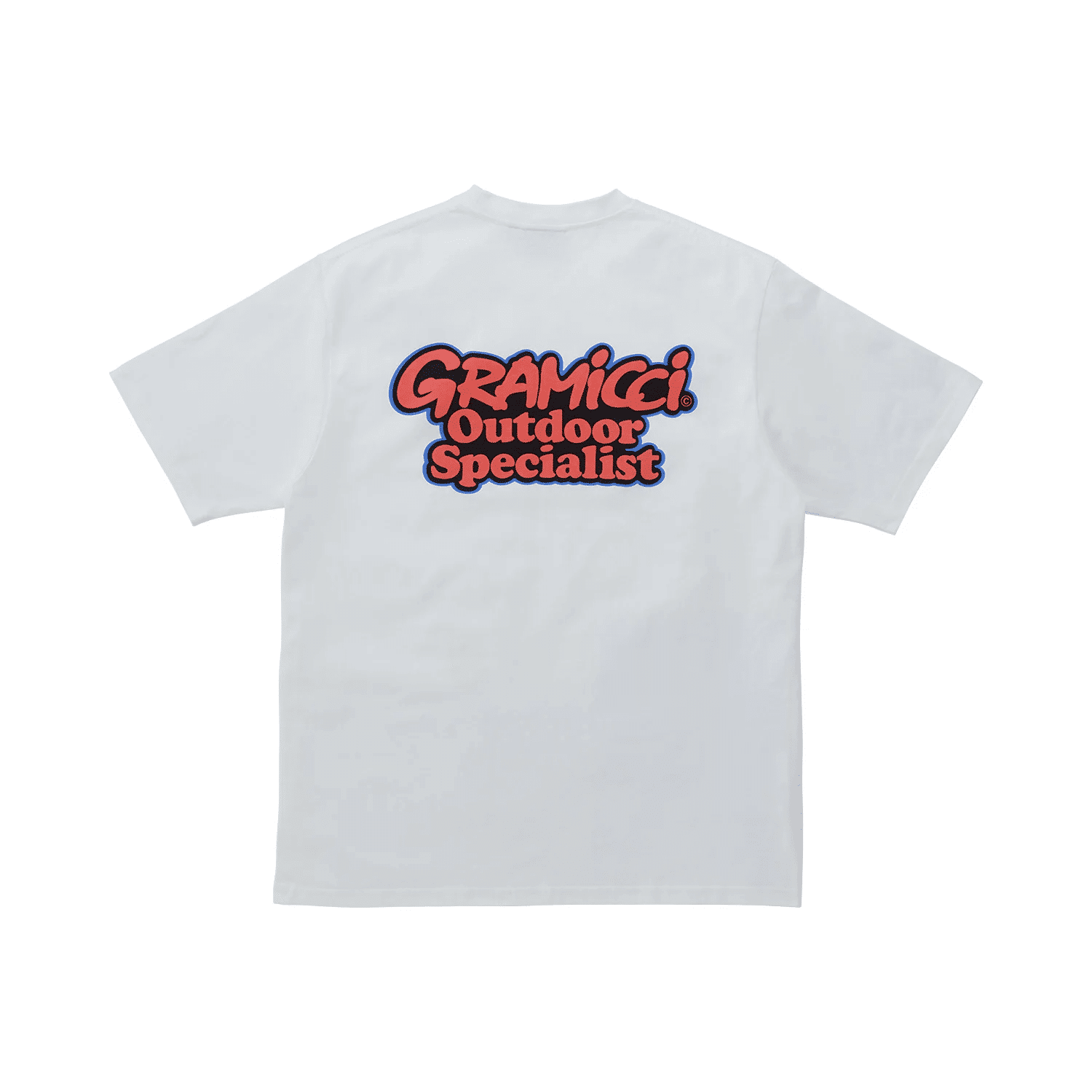 White short-sleeve T-shirt featuring a bold red and blue GRAMICCI Outdoor Specialist logo on the back.