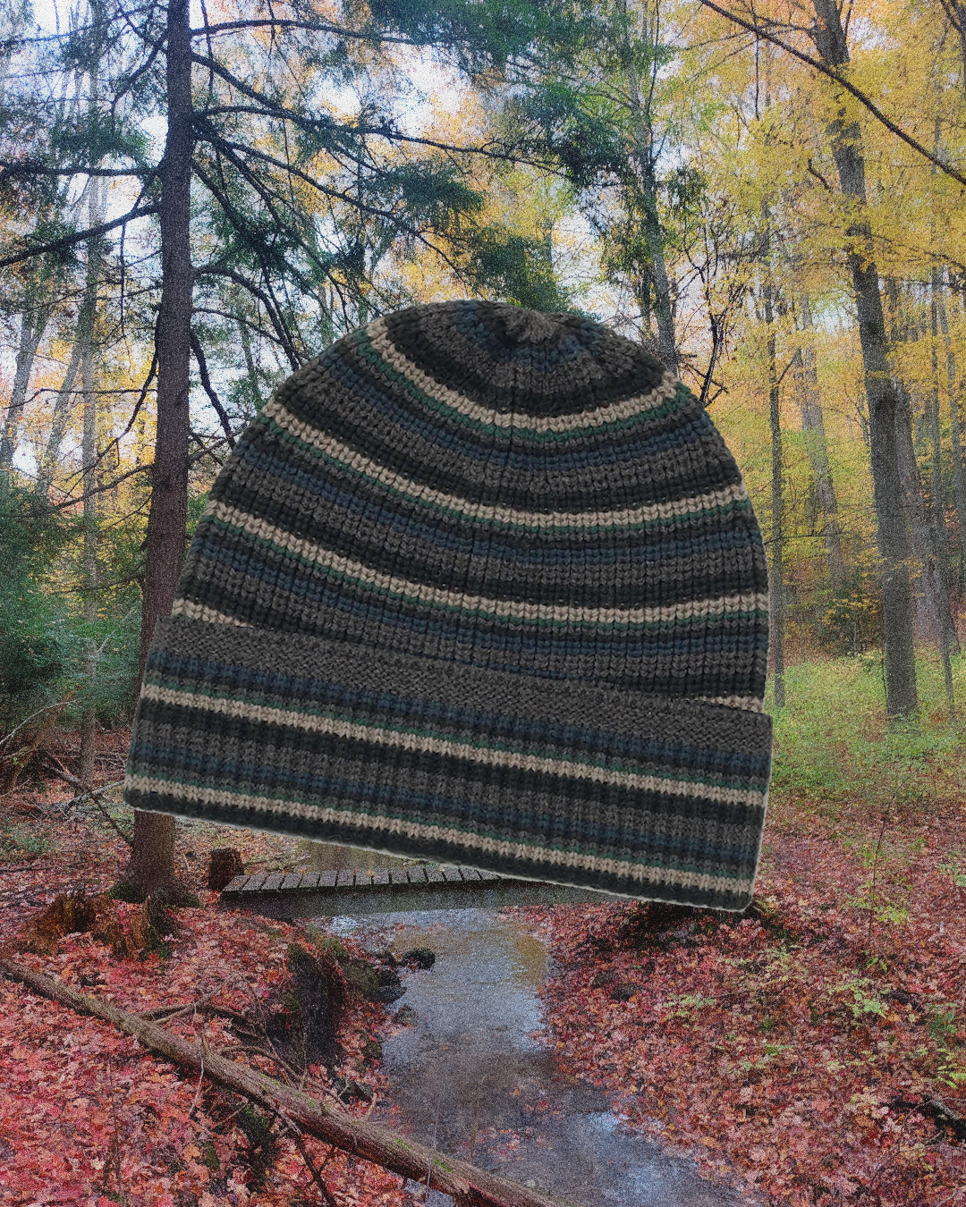 Knitted beanie with earthy green, gray, and beige stripes.