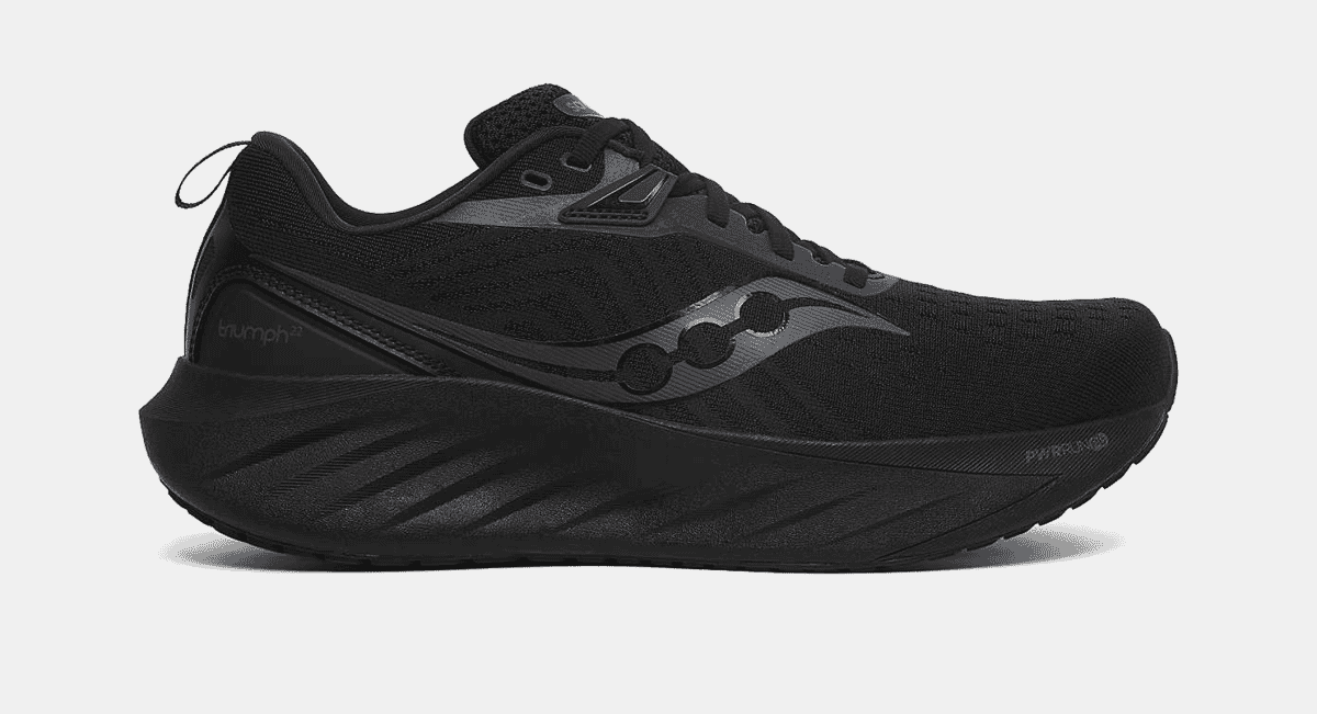 Side-profile of a black Saucony Triumph running shoe with textured knit upper.