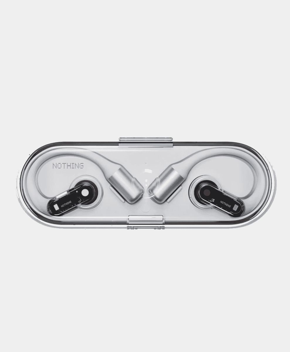 Transparent charging case containing Nothing Ear (Open) wireless earphones.