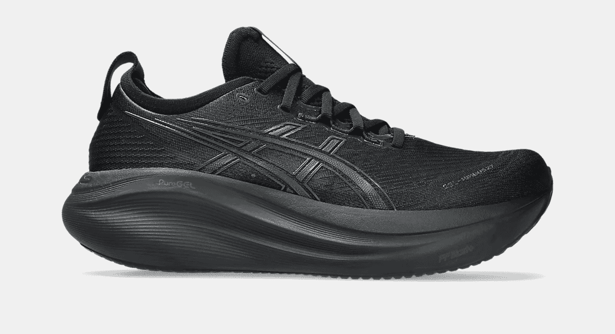 Sleek black Asics running shoe with textured upper and cushioned sole.