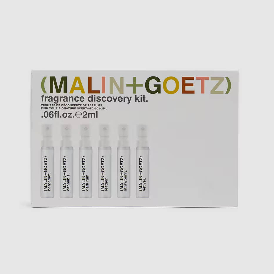 Malin+Goetz perfume discovery kit with six sample vials in a white box.