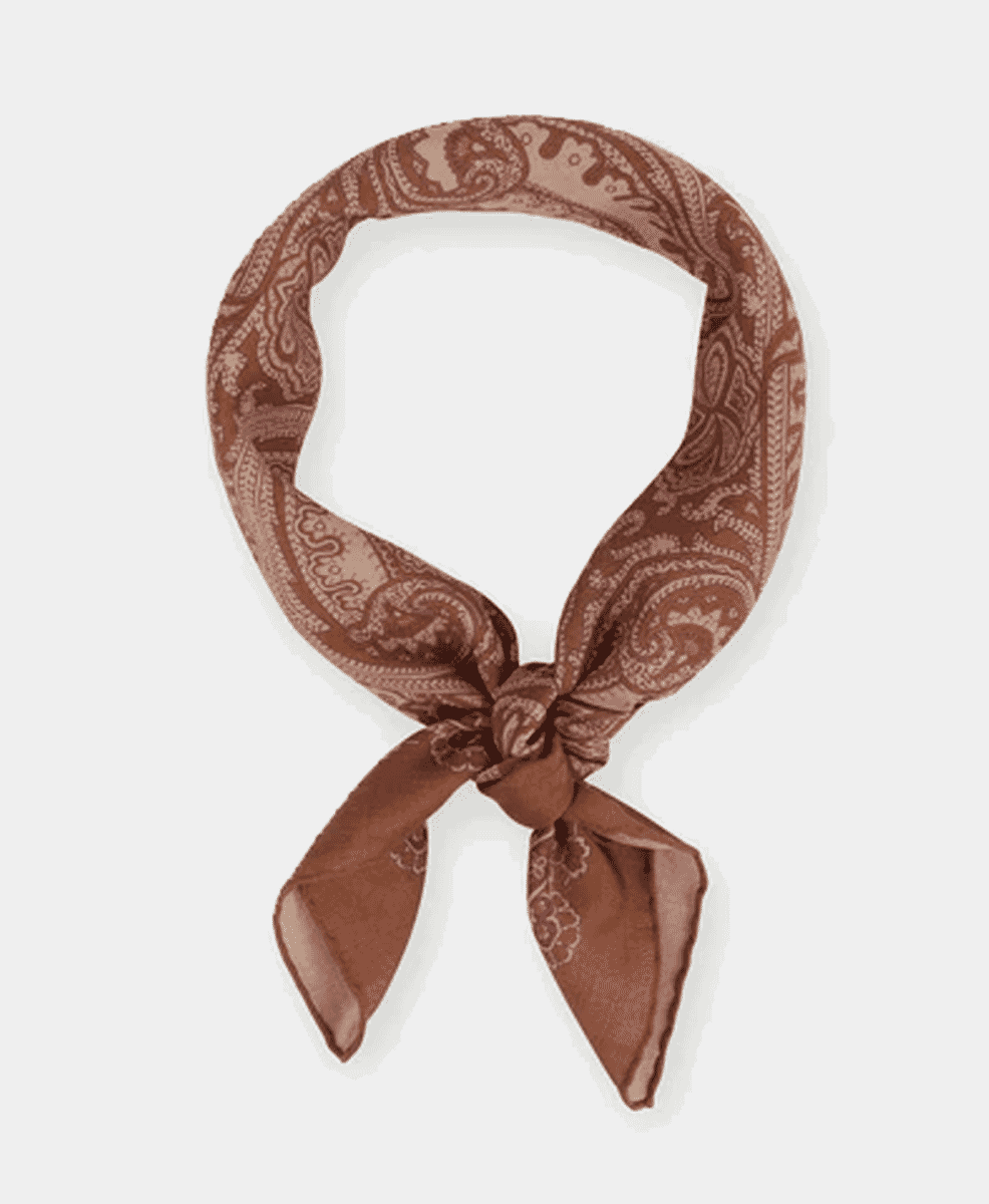 A brown paisley-patterned bandana tied in a knot.