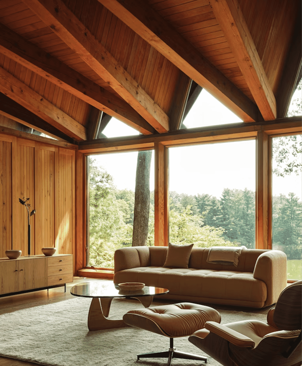 Tan Quilton modular sofa in a mid-century modern living room with wood beams.