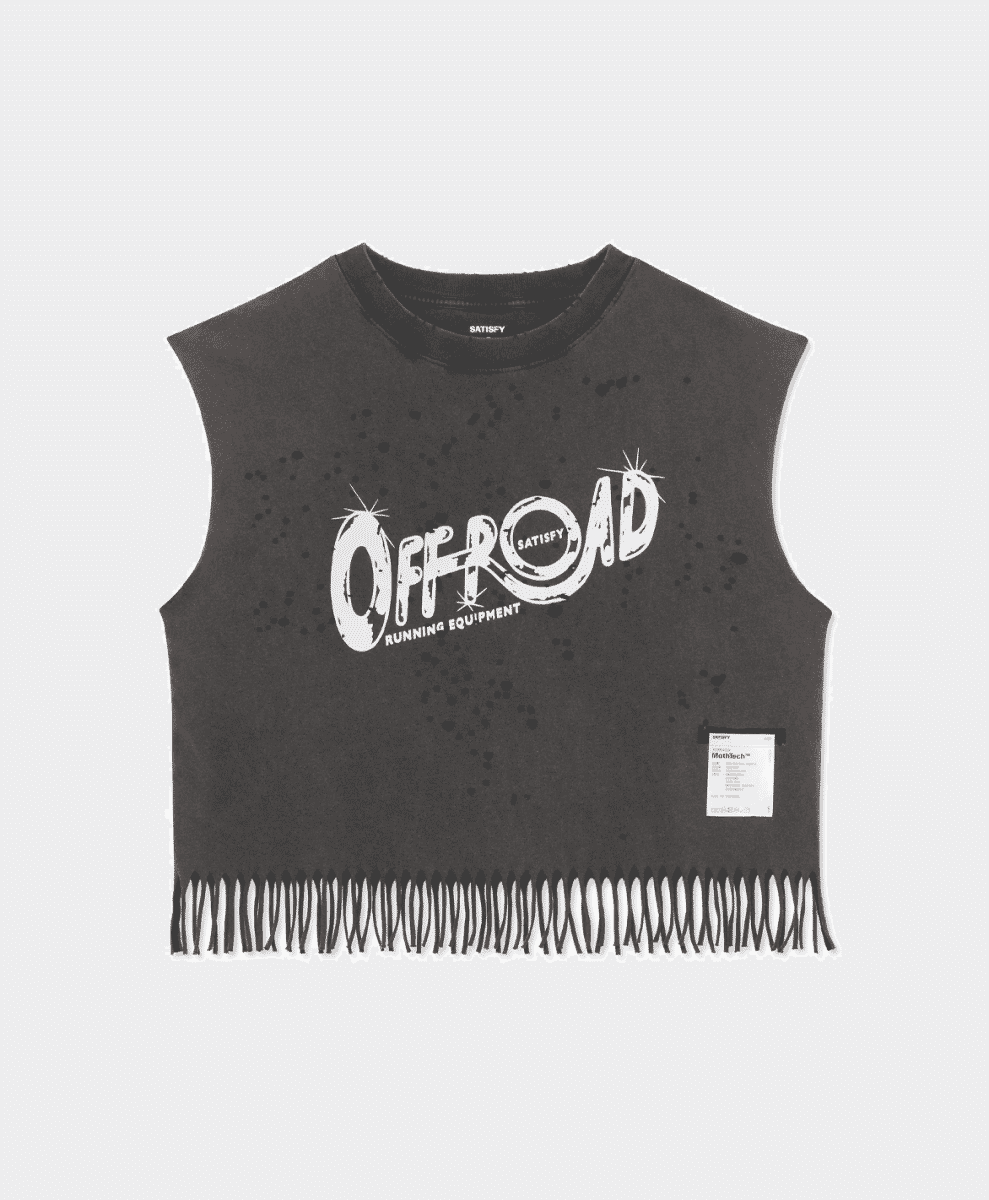A black sleeveless crop top with a fringed hem and white 'OFF-ROAD' graphic text.