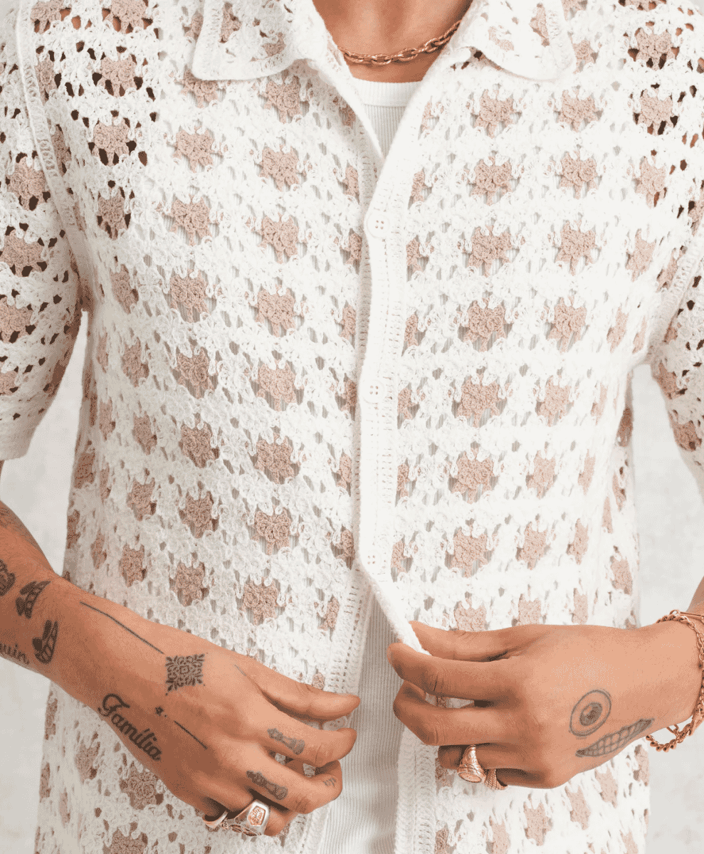 Close-up of a white short-sleeved crochet cardigan with intricate lace patterns.