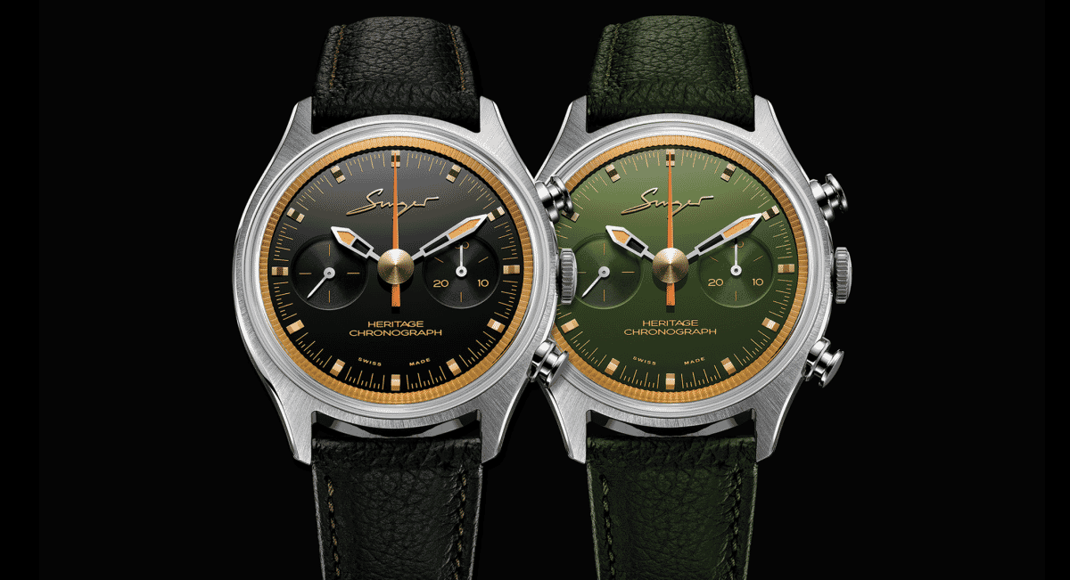 Two luxury chronograph watches with black and green dials displayed together on leather straps.