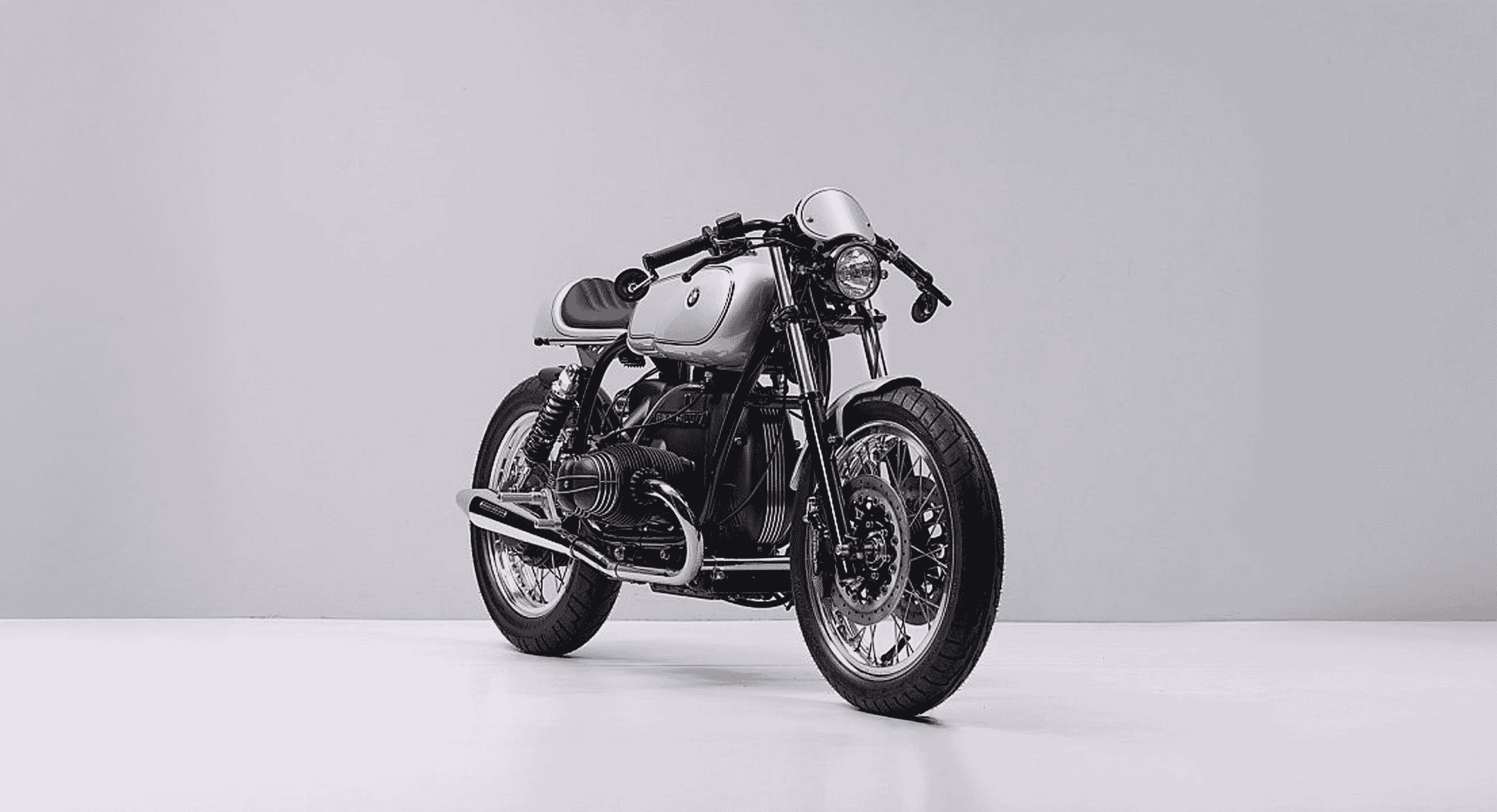 Full-body view of the custom BMW motorcycle on a plain white background, highlighting mechanical details.