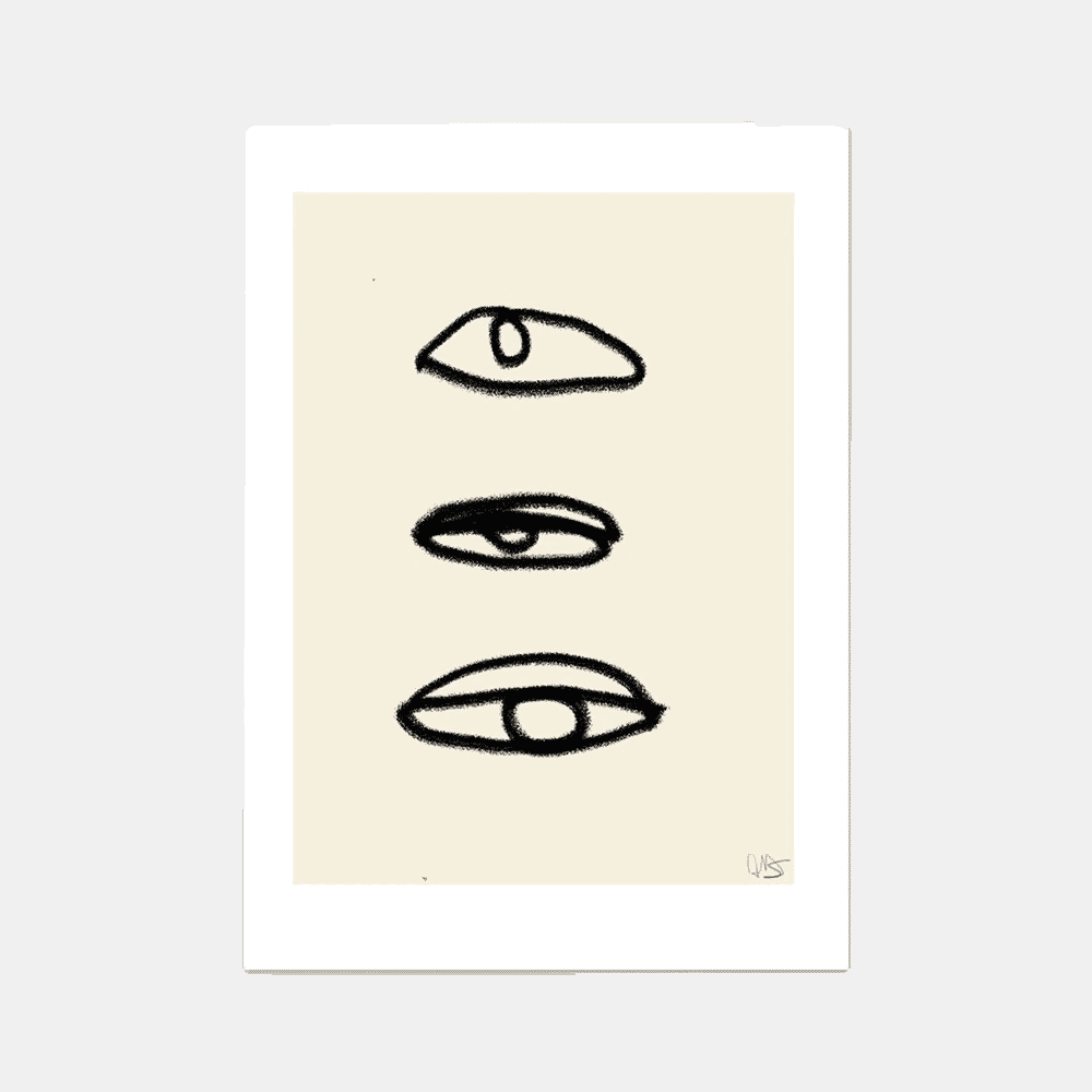 A framed abstract print featuring three minimalist eye illustrations in black on cream-colored paper.
