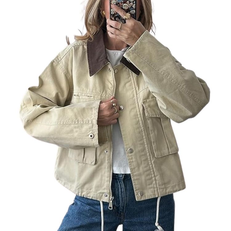 A cropped olive green utility-style barn jacket