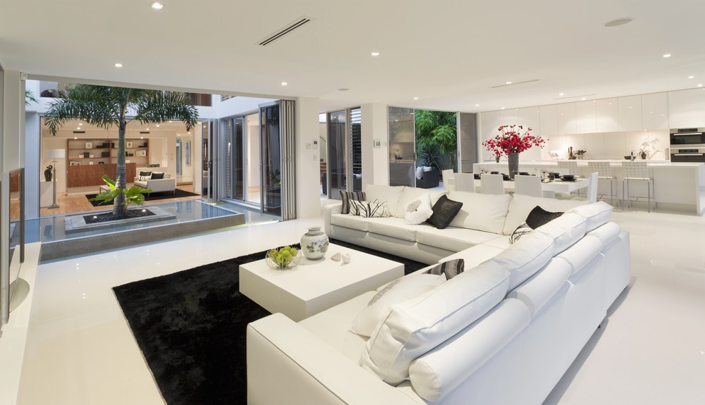 Sleek all-white modern living room with an indoor palm tree and large windows for natural light.