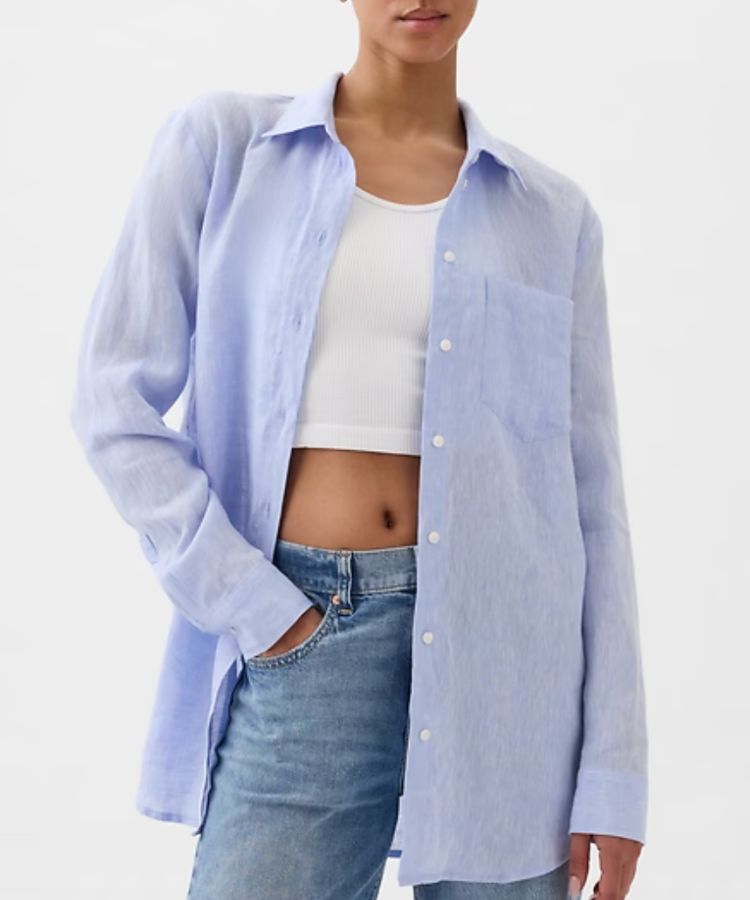 Oversized white linen boyfriend shirt from GAP.