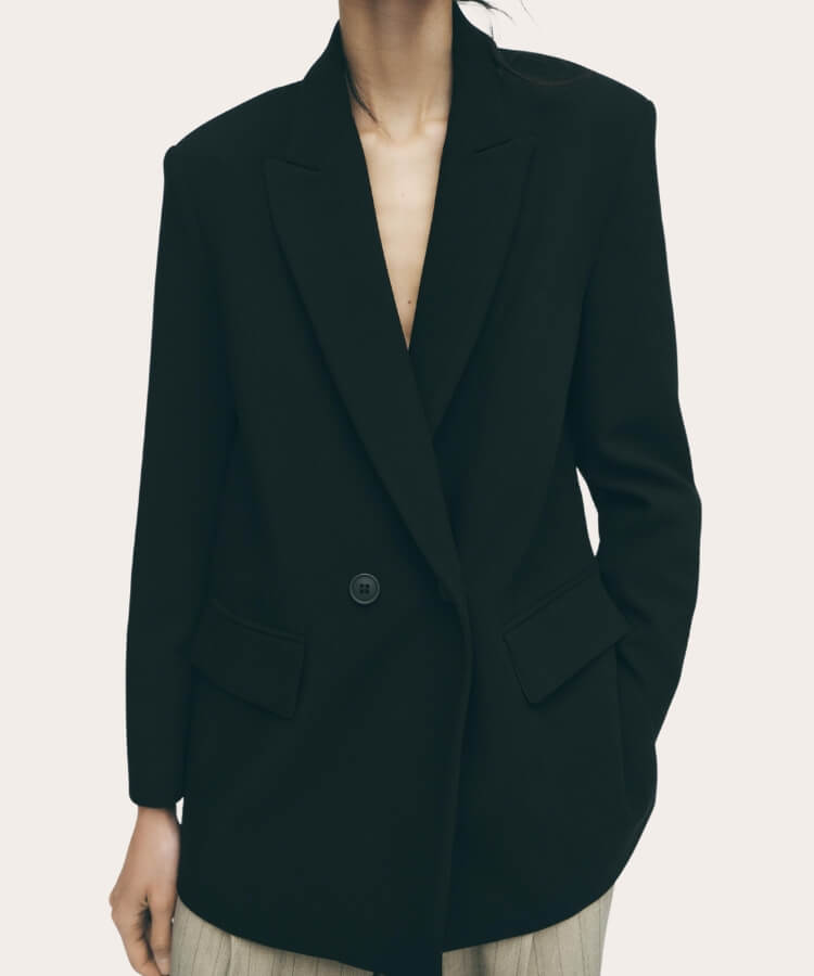 Grey oversized blazer with clean lines.