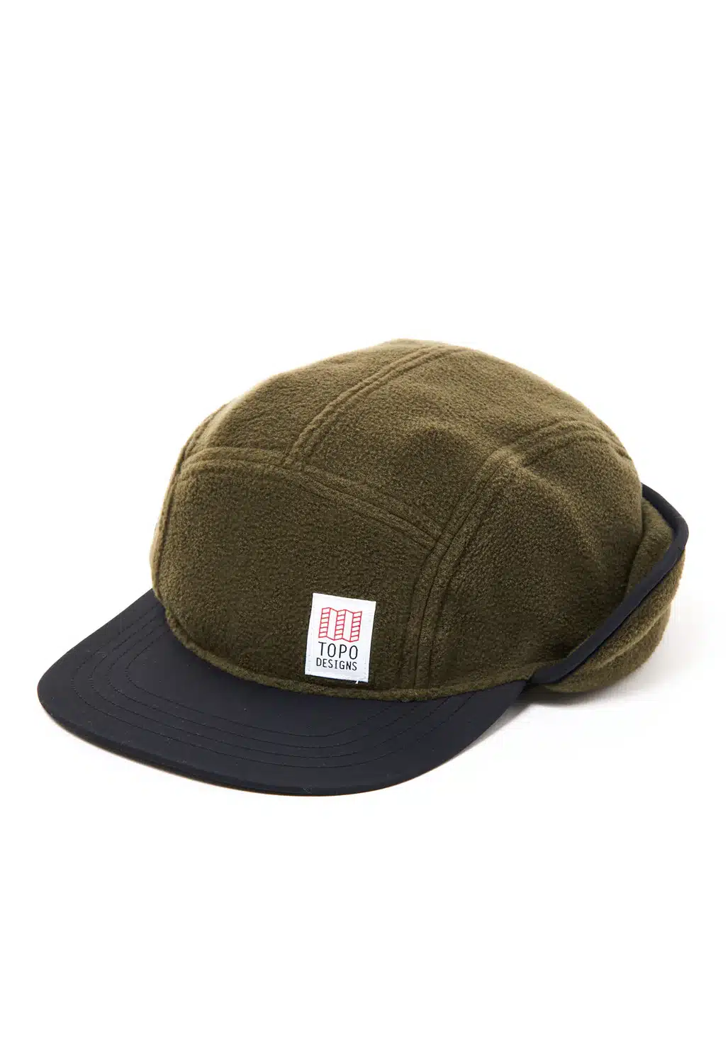An olive green fleece five-panel cap with a black brim.