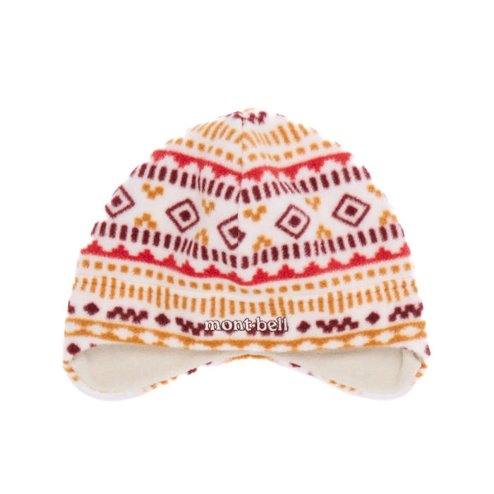 White fleece winter hat with colorful geometric patterns and Mont-bell branding.