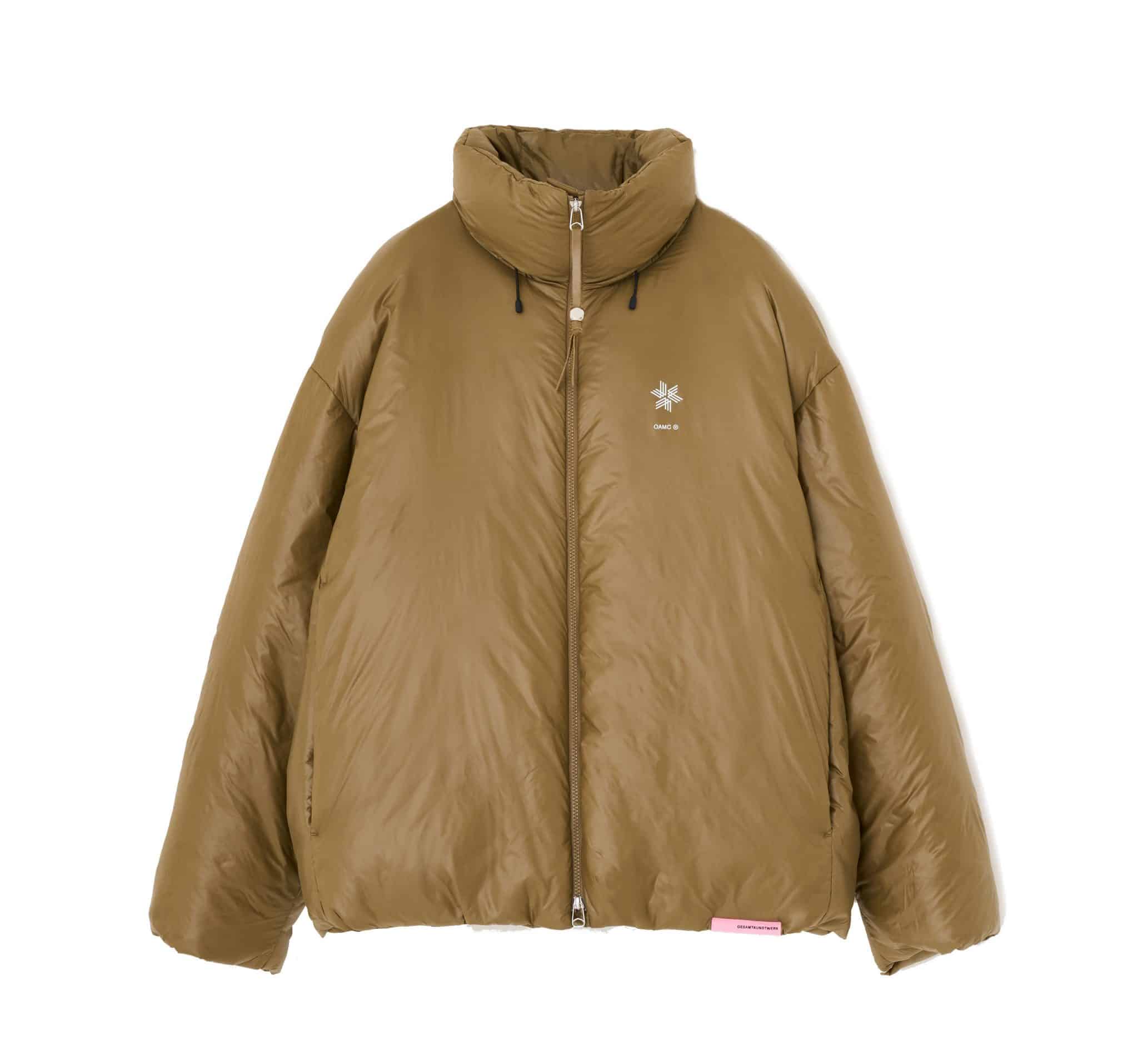 A brown puffer jacket with a high collar and minimalist design.