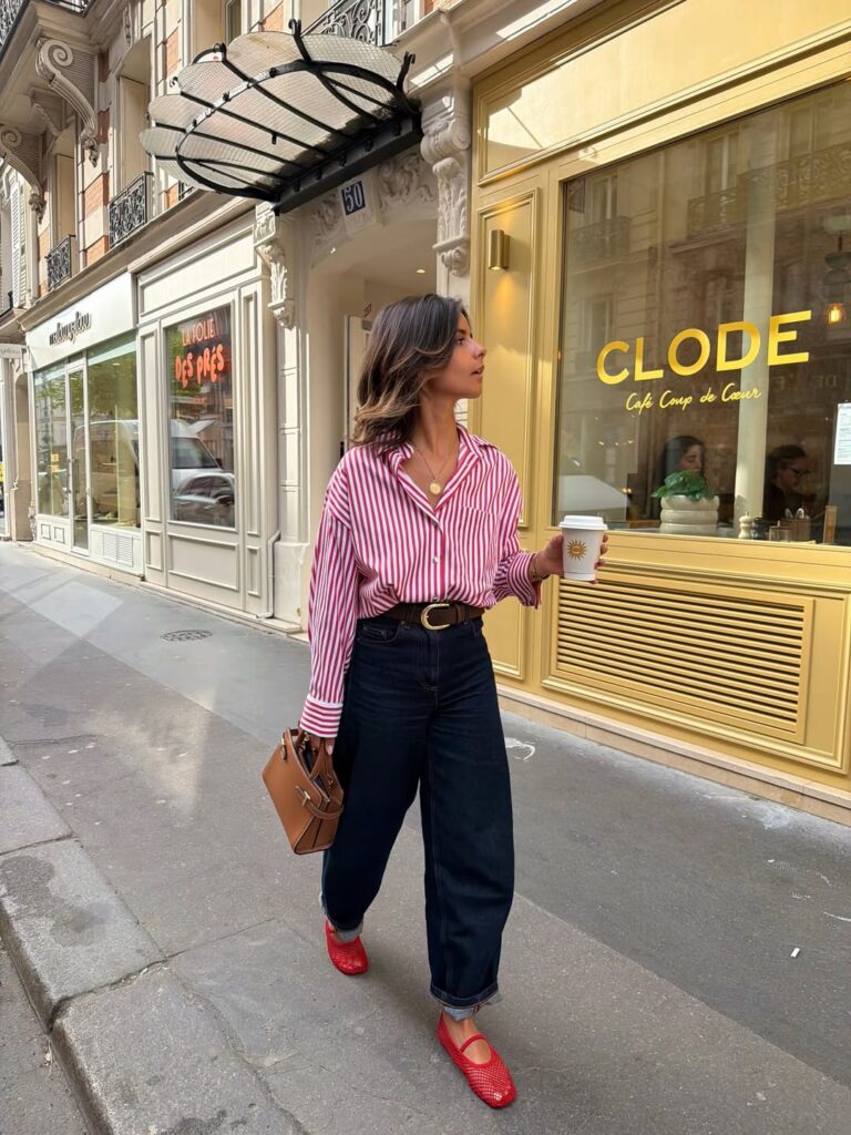 Sophisticated styling of barrel jeans with pointed-toe high heels