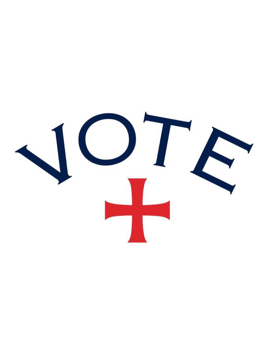 VOTE graphic with navy blue text and a red cross symbol.