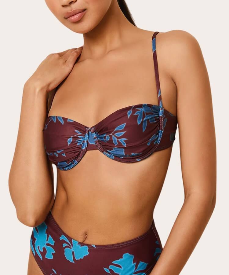 Solid & Striped Abstract Floral Bikini Top in muted tones.
