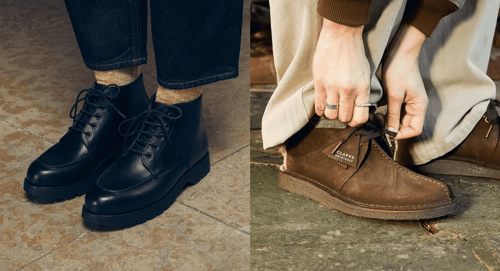 Side-by-side comparison of black leather lace-up boots and brown suede desert boots.