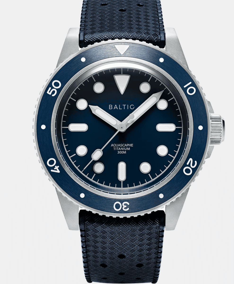 Baltic Aquascaphe titanium dive watch with a navy blue dial and black strap.