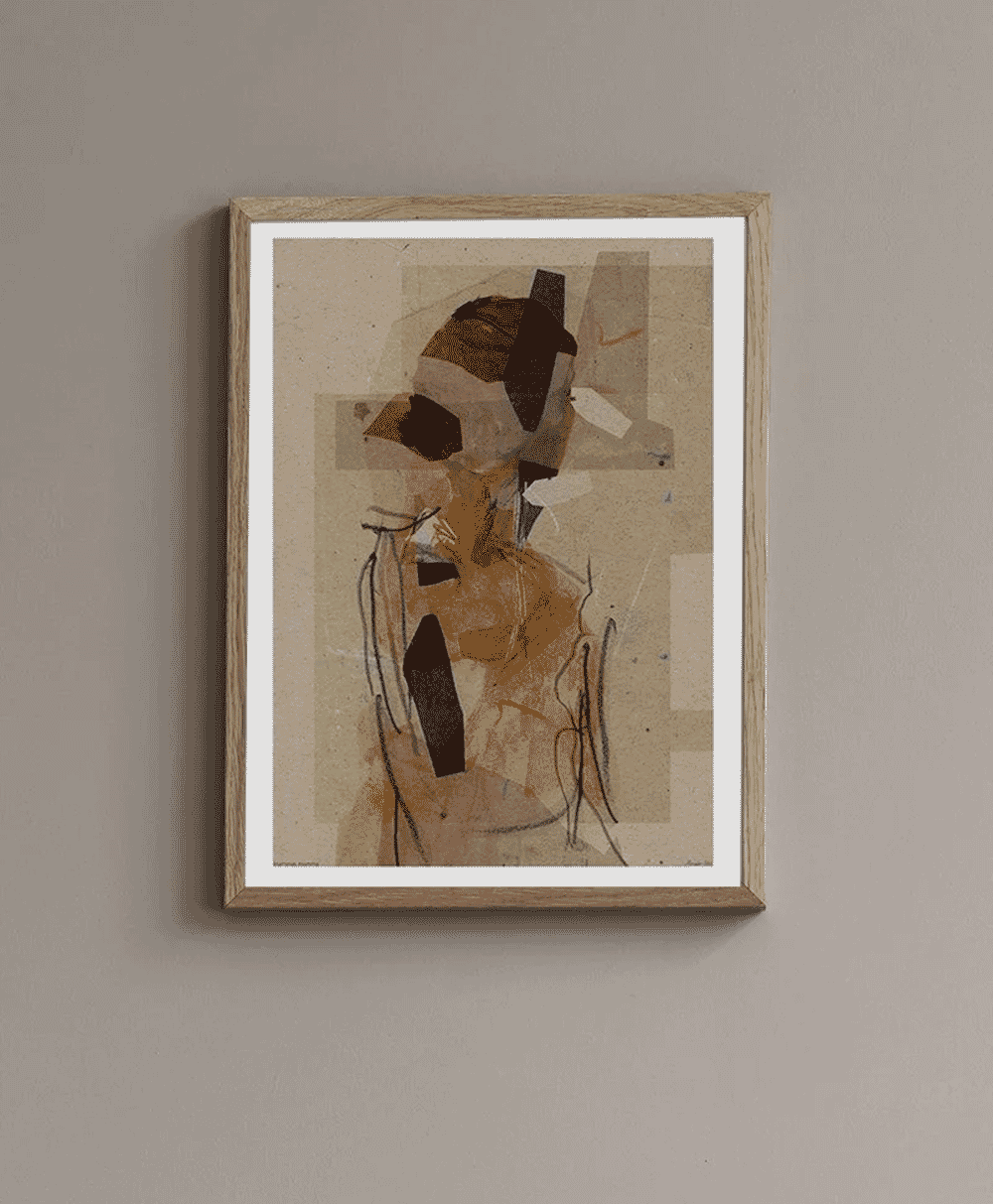 A large-scale abstract collage framed and mounted on a neutral-colored wall.